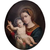 Vierge à l'Enfant – Tableau de dévotion ovale de la fin du XIXe siècle
