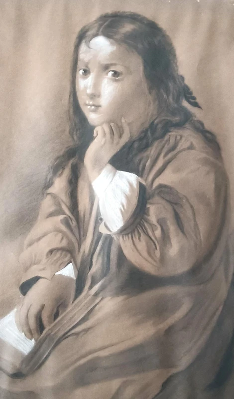 Signed charcoal, white lead, and pencil drawing of a woman’s portrait, late 19th century – 60 cm x 42 cm