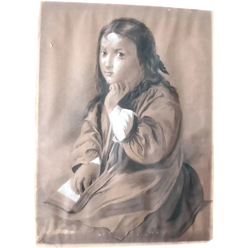 Signed charcoal, white lead, and pencil drawing of a woman’s portrait, late 19th century – 60 cm x 42 cm