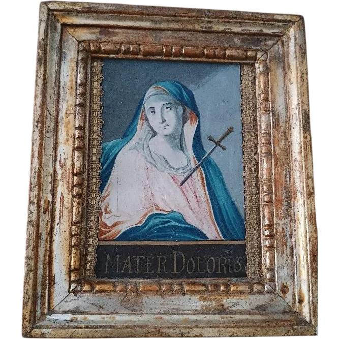 DIPINTO ANTICO ACQUERELLO CORNICE ANTICA MATER DOLOROSA ITALIA XVIII SECOLO