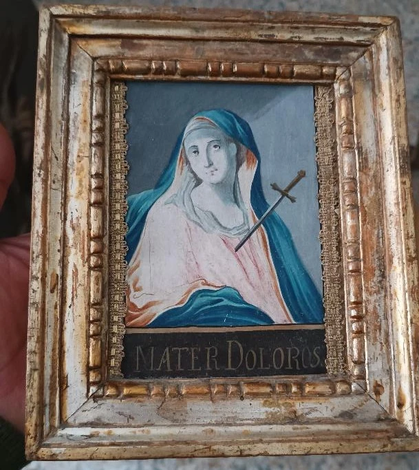 DIPINTO ANTICO ACQUERELLO CORNICE ANTICA MATER DOLOROSA ITALIA XVIII SECOLO
