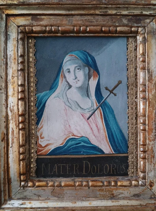 DIPINTO ANTICO ACQUERELLO CORNICE ANTICA MATER DOLOROSA ITALIA XVIII SECOLO