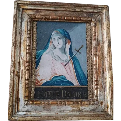 PEINTURE ANCIENNE À L'AQUARELLE, CADRE ANCIEN, MATER DOLOROSA, ITALIE, XVIIIe SIÈCLE