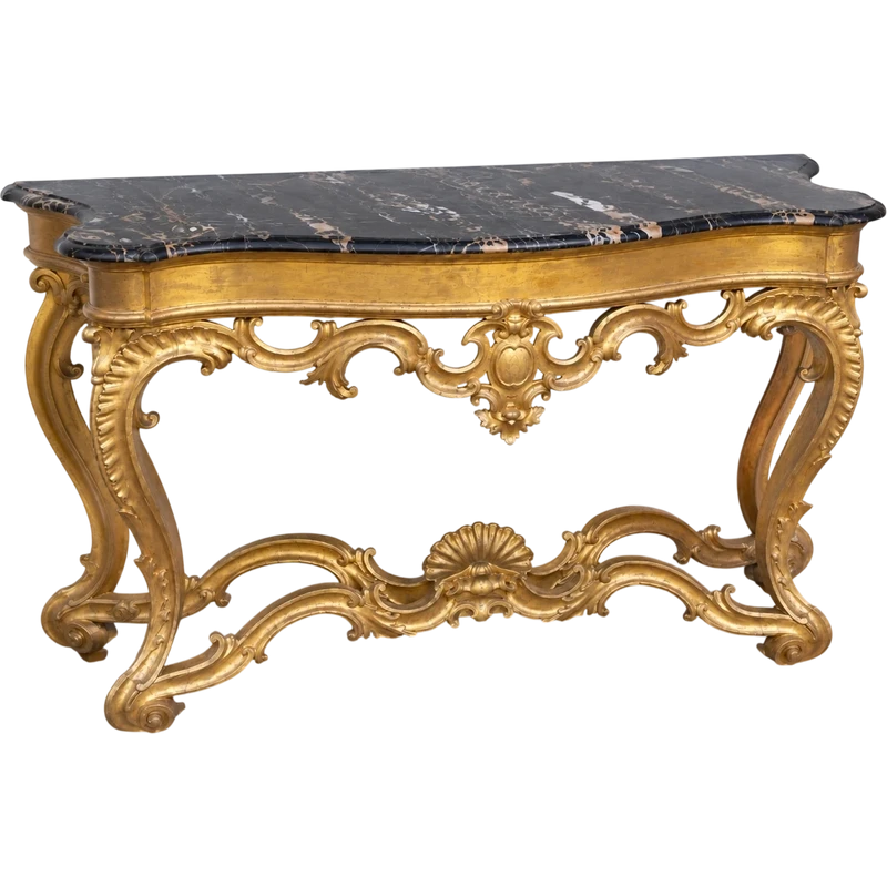Roman console table in gilded wood and Portoro marble