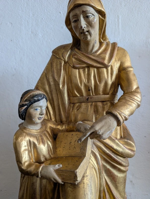 L'Éducation de la Vierge – Sculpture en bois doré, Italie, début du XIXe siècle