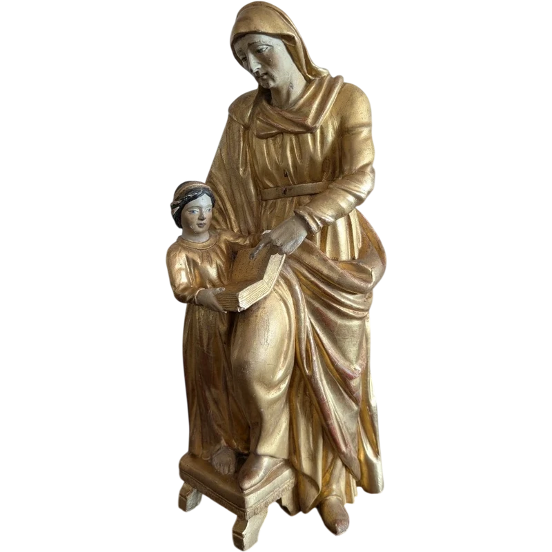 L'Éducation de la Vierge – Sculpture en bois doré, Italie, début du XIXe siècle