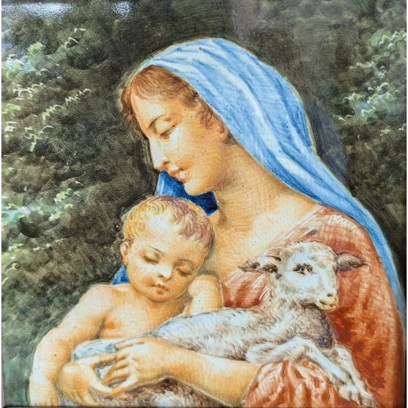 Placca in maiolica Molaroni, Pesaro – Madonna con Bambino e Agnello Inizi del XX secolo