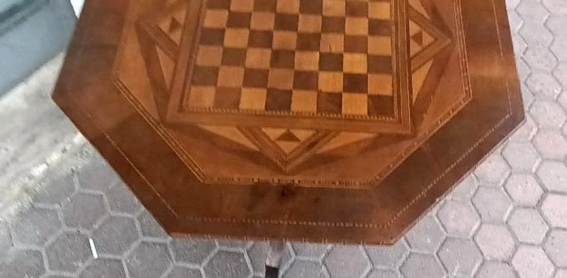 Antique inlaid coffee table, checkers, chess, Italy, 19th century