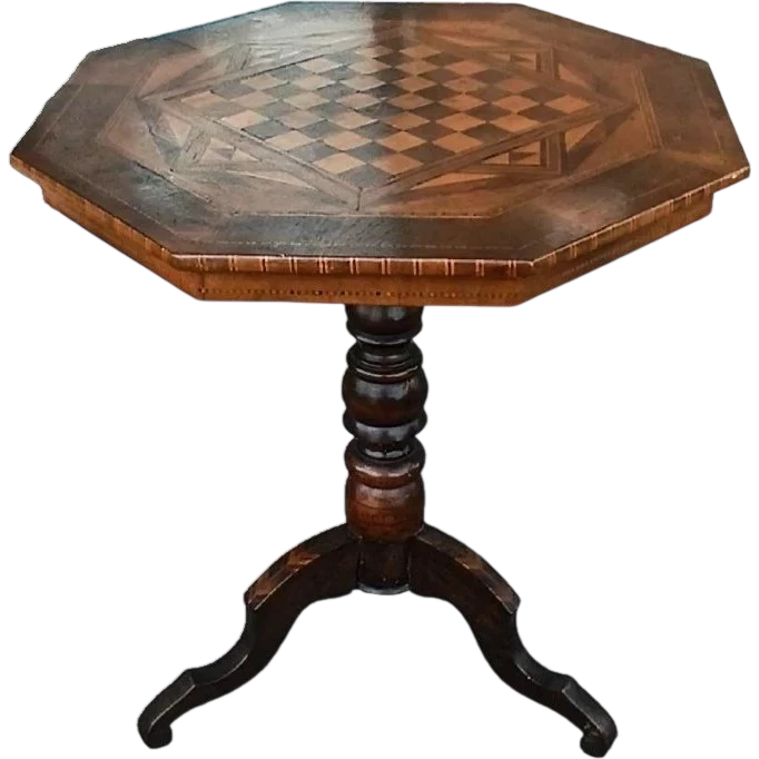 Antique inlaid coffee table, checkers, chess, Italy, 19th century