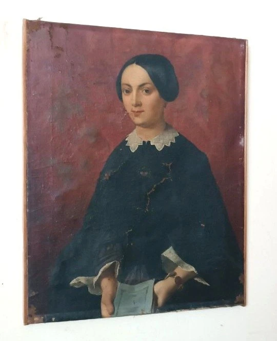 Antique oil painting on canvas, mid-19th century, Italian school—female portrait