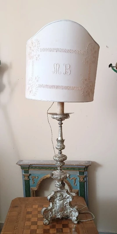 Antique silver-plated metal candlestick, lamp