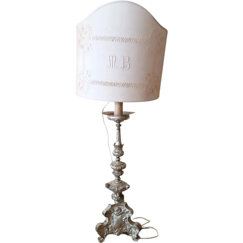 Antique silver-plated metal candlestick, lamp