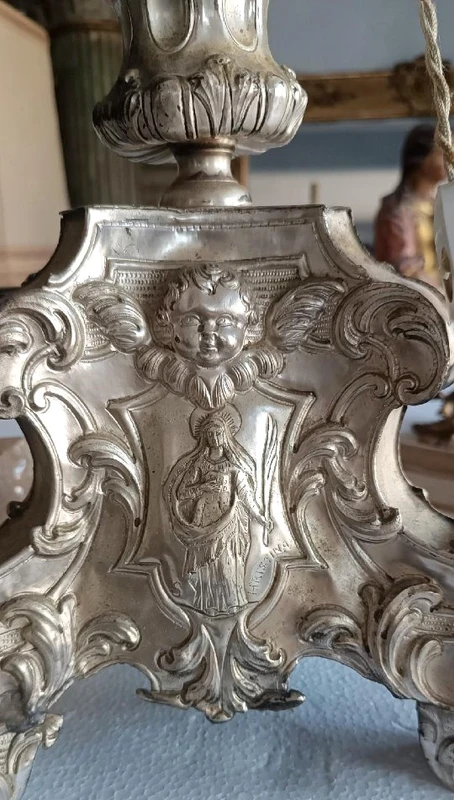 Antique silver-plated metal candlestick, lamp