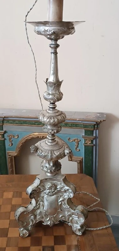Antique silver-plated metal candlestick, lamp