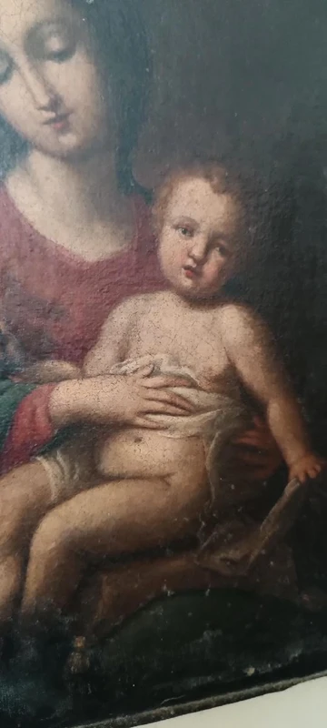 Tableau ancien, huile sur toile, Vierge à l'Enfant
