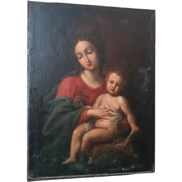Tableau ancien, huile sur toile, Vierge à l'Enfant