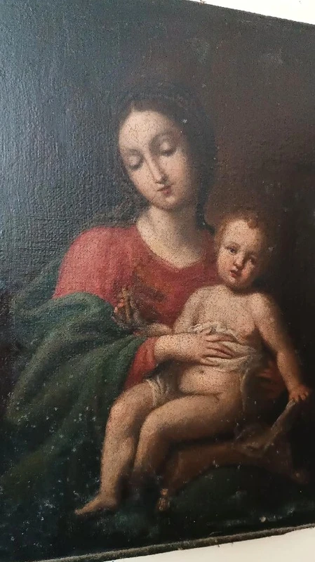 Tableau ancien, huile sur toile, Vierge à l'Enfant