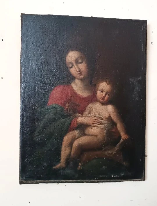 Tableau ancien, huile sur toile, Vierge à l'Enfant