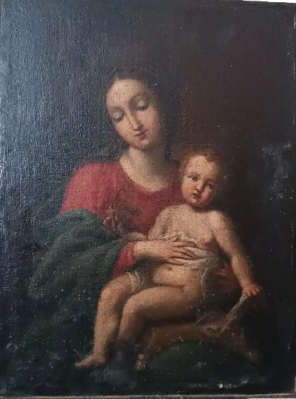 Tableau ancien, huile sur toile, Vierge à l'Enfant