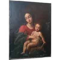 Tableau ancien, huile sur toile, Vierge à l'Enfant