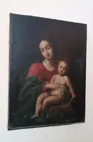 Tableau ancien, huile sur toile, Vierge à l'Enfant