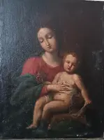 Tableau ancien, huile sur toile, Vierge à l'Enfant