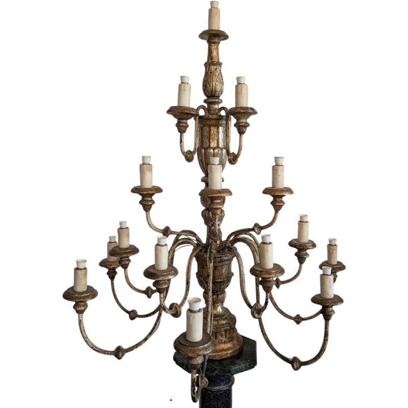 Antique fifteen-light church candelabrum made of gilded wood – Tuscany, late 18th century.