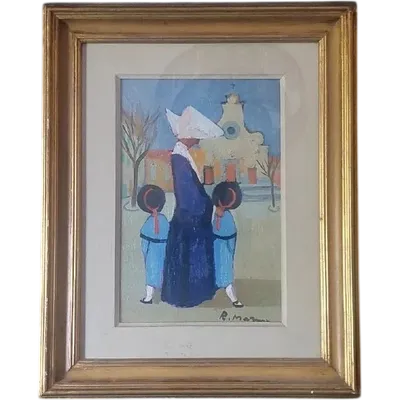 Peinture à l'huile sur carton entoilé de Rodolfo Marma « Les Petites Moniales » S. Spirito