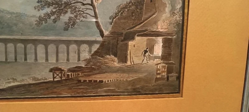 Antico acquerello su carta primi 800 - notturno - paesaggio con acquedotto, ponte