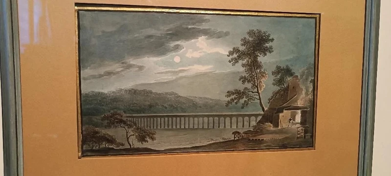 Antico acquerello su carta primi 800 - notturno - paesaggio con acquedotto, ponte