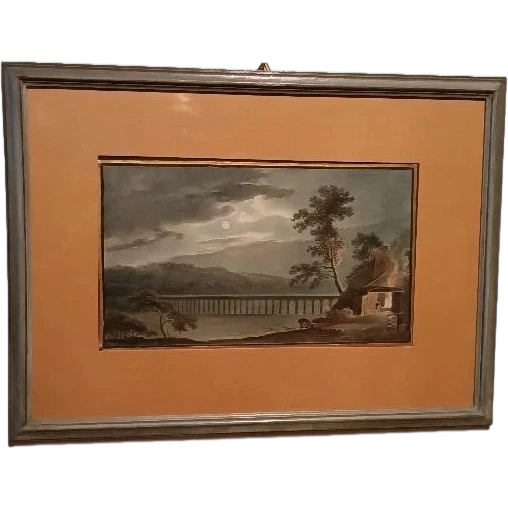 Antico acquerello su carta primi 800 - notturno - paesaggio con acquedotto, ponte