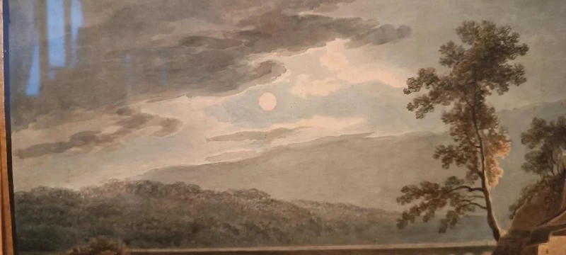 Antico acquerello su carta primi 800 - notturno - paesaggio con acquedotto, ponte