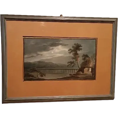 Antico acquerello su carta primi 800 - notturno - paesaggio con acquedotto, ponte
