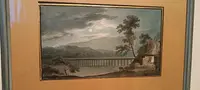 Antico acquerello su carta primi 800 - notturno - paesaggio con acquedotto, ponte