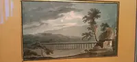 Antico acquerello su carta primi 800 - notturno - paesaggio con acquedotto, ponte