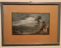 Antico acquerello su carta primi 800 - notturno - paesaggio con acquedotto, ponte