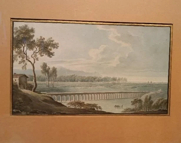 Antico acquerello su carta primi 800 - paesaggio con acquedotto, ponte