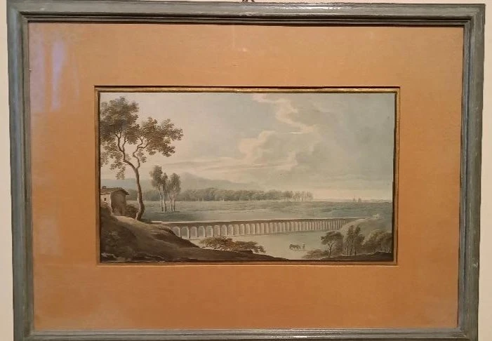 Antico acquerello su carta primi 800 - paesaggio con acquedotto, ponte