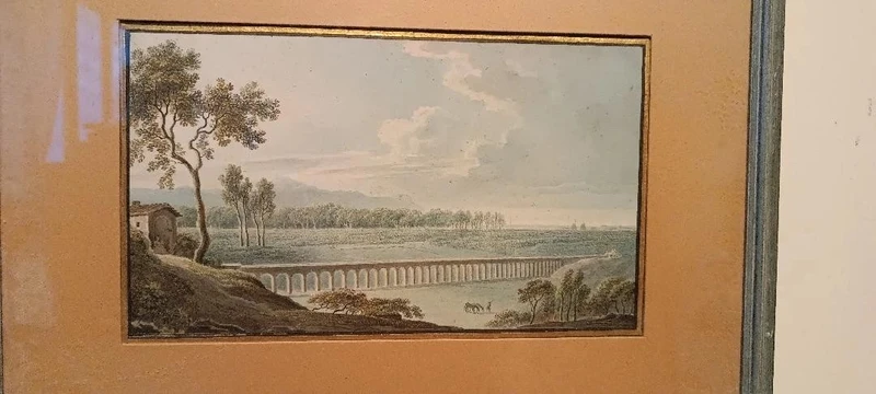 Antico acquerello su carta primi 800 - paesaggio con acquedotto, ponte