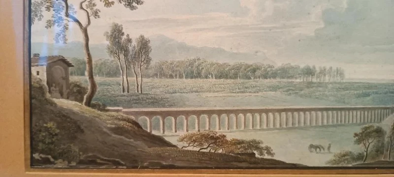 Antico acquerello su carta primi 800 - paesaggio con acquedotto, ponte
