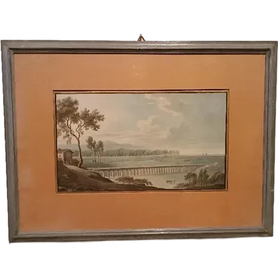Antique watercolor on paper from the early 1800s—landscape with an aqueduct and a bridge