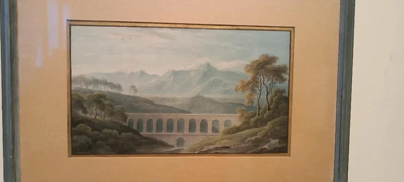 Antico acquerello su carta primi 800 - paesaggio con acquedotto, ponte