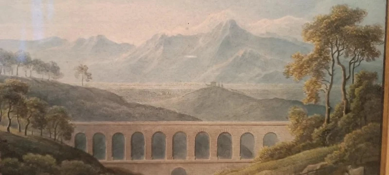 Antico acquerello su carta primi 800 - paesaggio con acquedotto, ponte