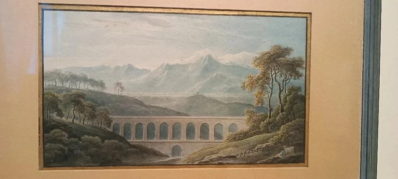 Antico acquerello su carta primi 800 - paesaggio con acquedotto, ponte