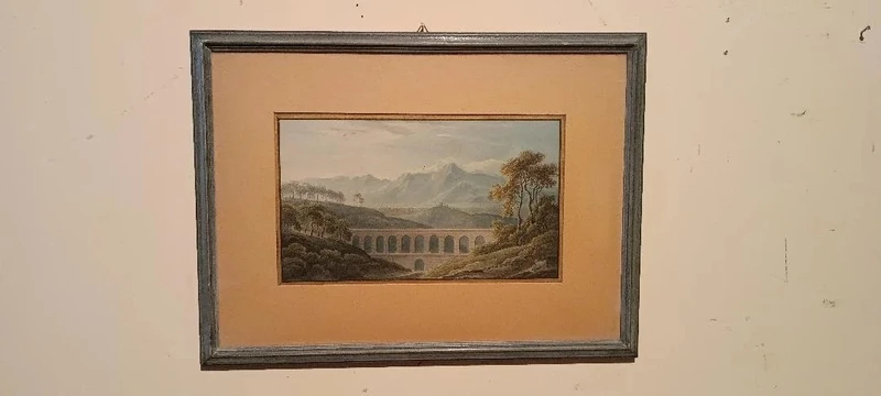 Antico acquerello su carta primi 800 - paesaggio con acquedotto, ponte