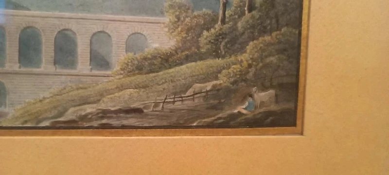 Antico acquerello su carta primi 800 - paesaggio con acquedotto, ponte