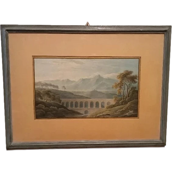Antico acquerello su carta primi 800 - paesaggio con acquedotto, ponte