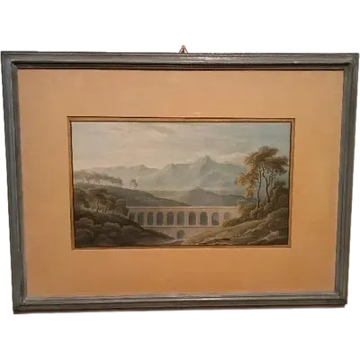Antico acquerello su carta primi 800 - paesaggio con acquedotto, ponte