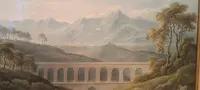 Antico acquerello su carta primi 800 - paesaggio con acquedotto, ponte