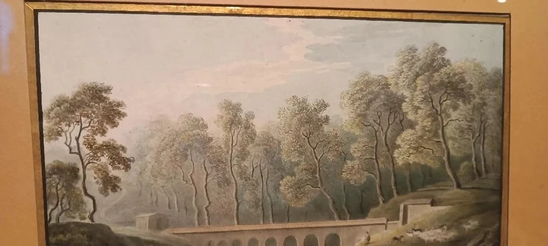 Antico acquerello su carta primi 800 - paesaggio con acquedotto, ponte